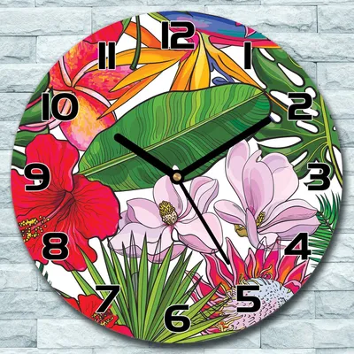 Produktbild von Wanduhr aus Glas Rund fi 30 Exotische Pflanzen Quarz Deko Wohnzimmer Büro