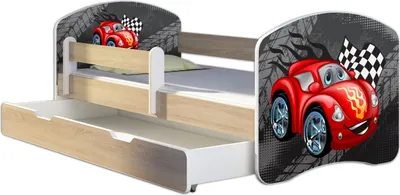 A child's bed with a car theme, featuring a pull-out drawer.