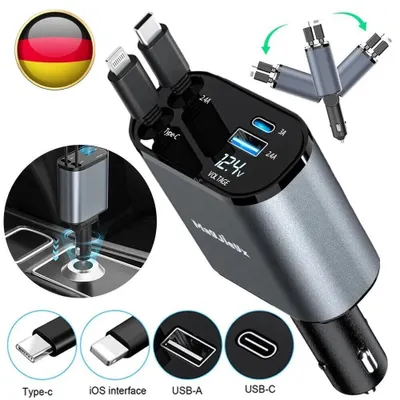 Produktbild von 120W Auto USB Ladegerät 4-in-1 mit 2 ausziehbaren Kabeln (USB-C & Lightning), 4 Ports, 180° drehbar, Schnellladen für iPhone & Android, 12–24V