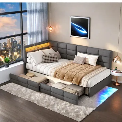 Produktbild von INONEFT Schlafsofa Polsterbett 90x200cm mit LED & USB,Daybett mit 2 Schubladen,Bettgestell mit Lattenrost/Stauraum,Leinen grau,Ohne Matratze