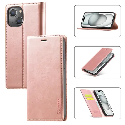 Obrázek produktu pro Kožené pouzdro pro iPhone 15, s funkcí stojánku a držákem karet, peněženkový design pouzdro Růžové zlato