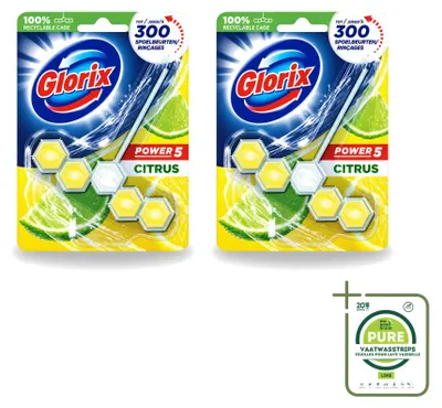 Produktbild von 2 x Glorix Power 5 Toiletblock - Lemon - 55 g - Großpackung - 2 Stücke