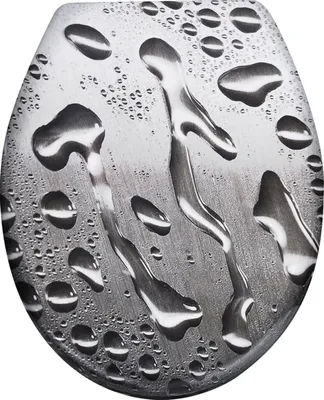 A close-up view of a toilet seat with water droplets on its surface.