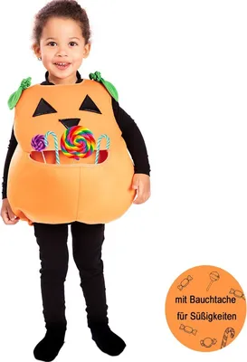 Kürbis Kostüm mit großer Bauchtasche für Süßigkeiten sammeln Halloween Süßes oder Saures für Kinder Fasching Karneval Mottoparty Kinderfasching Kinderkostüm