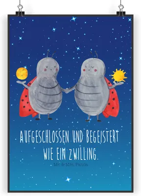 Produktbild von Mr. & Mrs. Panda Bild Sternzeichen Zwilling DIN A3 - Sternenhimmel Blau - Geschenk, Glückskäfer, Zwillinge, wanddeko, Plakat, Wandbild, drucke, Kunstdruck, Marienkäfer