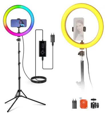Image de NEEWER RH12C, anneau lumineux de 12 pouces avec trépied, compatible avec iPhone, anneau lumineux LED RGB de 24W avec support pour téléphone, idéal pour les selfies, la photographie en studio, les vidéos, le maquillage, les séances de beauté et le streaming. Plage de température de couleur : 2500-10000K, indice de rendu des couleurs (CRI) : 95+