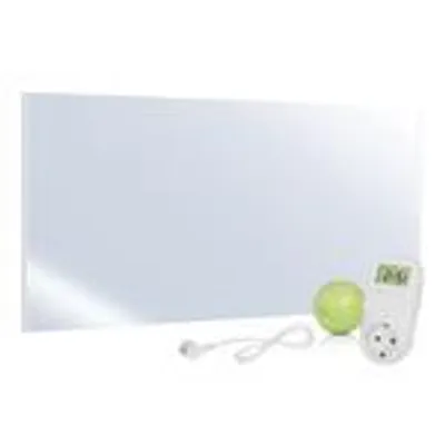 A flat panel heater with a mirror surface, a green ball, and a digital timer.
