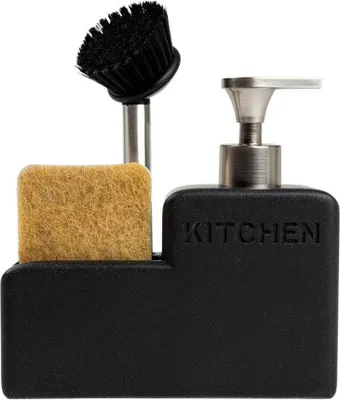 A black kitchen soap dispenser with a brush and sponge holder.