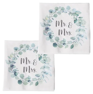 Produktbild von 2 x 20 Servietten Hochzeit 'Eukalyptus - Mr. & Mrs.' weiß, grün, schwarz