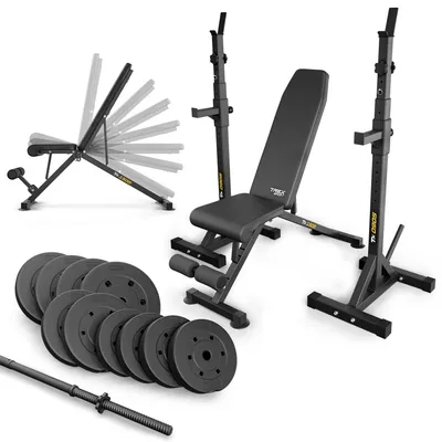 Produktbild von TREX SPORT Hantelbank mit Gewichten Set | Klappbare Trainingsbank, verstellbare Hantelablage, Sicherheitsablage, Bankdrücken | Hantelscheiben 66kg