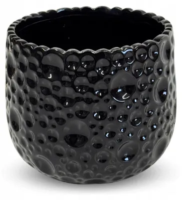 Produktbild von Keramik Blumentopf rund 14 cm schwarz glänzend, strukturiert, bauchige Form, ohne Abflussloch