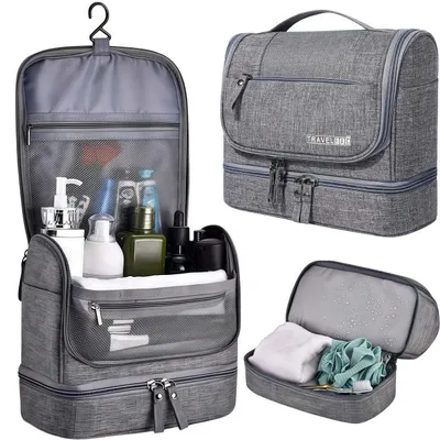 Produktbild von Kulturbeutel, Kulturtasche, Kosmetiktasche mit Mesh und Zip Fach, Make-up-Organizer, Kulturbeutel zum Aufhängen, Wasserdicht, Grau
