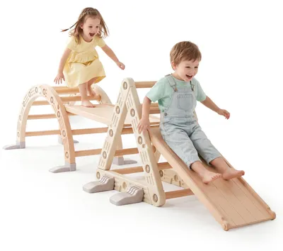 Zdjęcie produktu dla HyperMotion plac zabaw dla dzieci 3w1 z trójkątem wspinaczkowym, 2 dwustronnymi rampami 85 × 35 cm i bujakiem, beżowo-szary, HDPE, 18 m+, 30 kg
