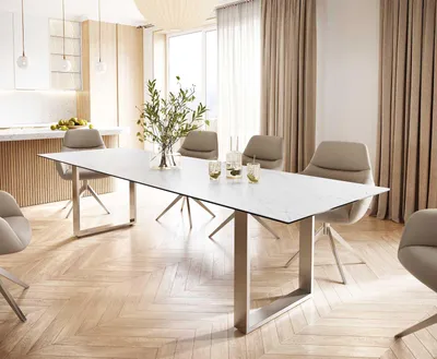 Produktbild von DELIFE Esstisch Edge 300x100 Keramik Laminam® Statuarietto Weiß Edelstahl Schmal