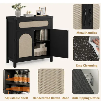 Produktbild von Rattan Sideboard - Kommode Anrichte - 80x35x84 cm - 2 Türen verstellbare Einlegeböden - Boho Design für Flur Wohnzimmer Esszimmer - Schwarz