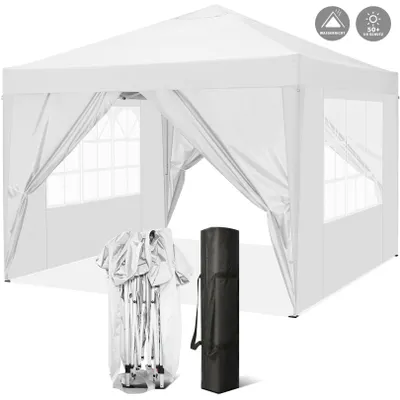 A white pop-up gazebo with side walls, shown with its folded frame and carrying bag.