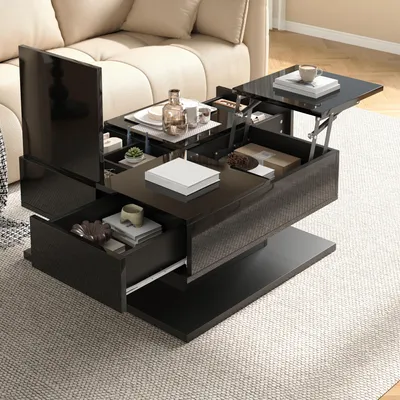 Produktbild von Merax Hochglanzer Couchtisch mit LED-Beleuchtung per APP, Sofatisch mit Hubtischplatte, Wohnzimmertisch mit 2 Schubladen und Klappdeckel, Schwarz