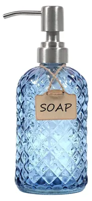 Immagine prodotto di Distributore di sapone in vetro con pompa in acciaio inossidabile, colore blu, per bagno e cucina