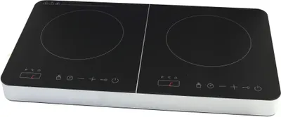 A black and silver double induction cooktop is shown from a slightly elevated front-left angle against a white background.