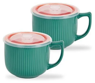 Immagine prodotto di Set di due ciotole per zuppa in Vetroceramica con manico, capacità 900 ml, adatte al microonde, colore verde e arancione