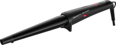 A black conical curling iron is shown against a white background.
