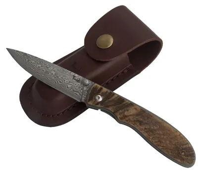 Immagine prodotto di Coltello tascabile in acciaio damasco, lama da 3,1 pollici, con fodero in pelle e manico in corno di ariete