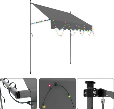 Zdjęcie produktu dla Markiza zaciskowa Hengda z oświetleniem LED, 200 x 120 cm – markiza balkonowa z regulacją wysokości i korbką ręczną, osłona przeciwsłoneczna do montażu bez wiercenia na tarasie i balkonie, kolor szary