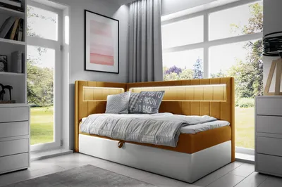Produktbild von Einzelbett 100x200 KISHA 3 – Senfgelb/Weiß, Öffnung rechts + GRATIS Matratzenauflage