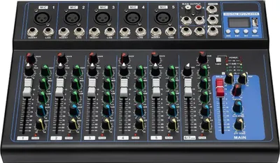 Obrázek produktu pro 7kanálový DJ mixážní pult Bluetooth s USB, přenosný, vstup pro MP3, napájení 48 V, pro studiové nahrávání, černý