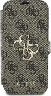 A close-up, front-facing view of a brown book-style phone case with a repeating Guess logo pattern and a prominent Guess logo emblem in the center.