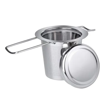Produktbild von Für losen Tee aus 304 Edelstahl - Tassen-Teesieb, Teesieb mit Deckel und klappbarem Griff - Edelstahl - feinmaschig und spülmaschinenfest