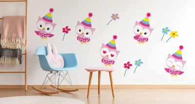 Obrázek produktu pro Muralo Nástěnná samolepka Barevné narozeniny sovy 100 x 200 cm Nástěnné tetování Nástěnná samolepka Set Dětský pokoj XXL