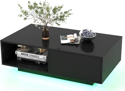 Obrázok produktu pre Konferenčný stolík COSTWAY s LED diódou a diaľkovým ovládaním, 20 farieb svetla a nastaviteľný jas, stolík so zásuvkou a otvoreným úložným priestorom, konferenčný stolík, rozkladací stolík do obývačky, 95 x 55 x 31 cm (čierny)