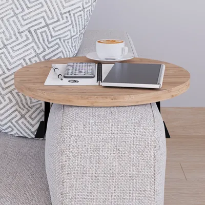 Produktbild von en.casa® Rundes Sofatablett, aus Metall und Spanplatte in Holzoptik, Durchmesser 34 cm, Gesamthöhe 13,5 cm, Halterung 11,7 cm, Plattendicke 1,8 cm, für Armlehnen 10-30 cm