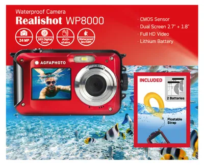 Obrázok produktu pre AGFAPhoto kompaktný fotoaparát WP8000 červená súprava s plávajúcou rukoväťou a druhou batériou (vodotesný do 3 m, 24 MP, Full HD), farba: červená
