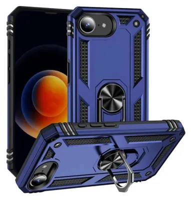 A blue protective phone case with a ring stand is displayed.