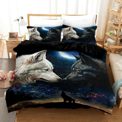 Zdjęcie produktu dla Omgoods - Komplet pościeli 3D z motywem wilka, 220 x 240 cm, w skład zestawu wchodzą poszewki na poduszki