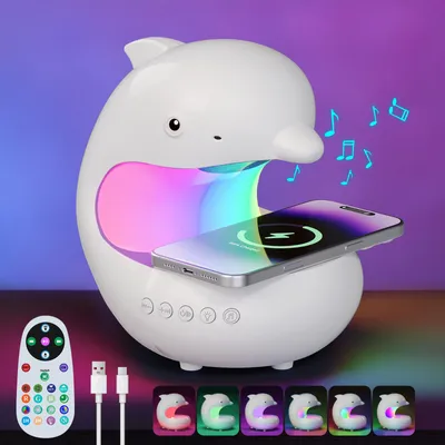 Produktbild von LED Nachtlicht Delfin RGB Dimmbare Nachttischlampe Wireless Ladegerät Bluetooth Lautsprecher mit Timer und Fernbedienung, Weiß