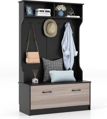 Image de Armoire avec banc et 5 crochets doubles, penderie avec tiroirs ouverts et meuble à chaussures, penderie d'entrée pour chambre à coucher, 100 x 40 x 160 cm, noir