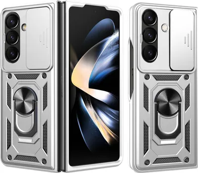 A silver protective case for a foldable phone, shown from multiple angles.
