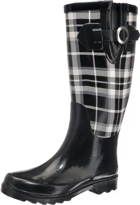 A single black and white plaid rain boot shown against a white background.
