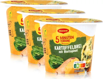 Produktbild von Maggi 5 Minuten Terrine Kartoffelbrei mit Blattspinat 47g (3er Pack)