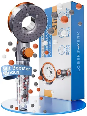 A shower head and its packaging are displayed, with small colored balls floating around them.
