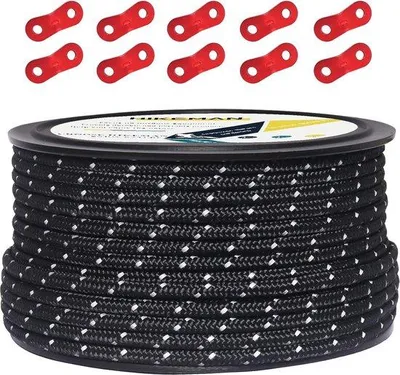 Produktbild von Famanu Zeltleine 50 m - reflektierend, 100% Nylon, mit Aluminiumspannern (schwarz, Durchmesser 5 mm)