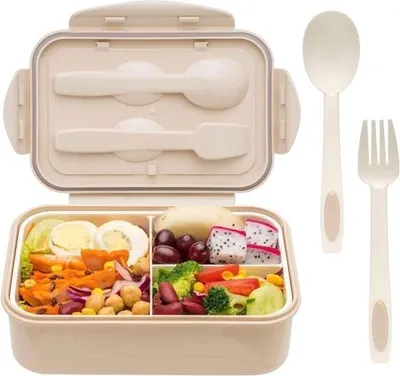 Obrázek produktu pro Obědový box Bento - Obědový box s přihrádkami a třívrstvým příborem - 1400 ml vzduchotěsný bento box - s vidličkou a