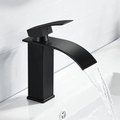 Produktbild von 7MAGIC Wasserhahn Bad, Chrom Waschtischarmatur Bad, Wasserfall Waschtischarmatur Edelstahl Badezimmer Armatur Mischbatterie Waschbeckenarmatur, Auslauf Höhe 110MM, Schwarz