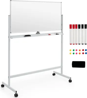 Produktbild von GOPLUS Doppelseitiges magnetisches Whiteboard auf Rädern, große höhenverstellbare Magnettafel im Staffelei-Stil, magnetische Weißwandtafel, 120 cm x 60 cm (Weiß)