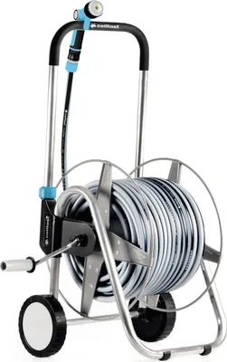 A garden hose reel on a white background.