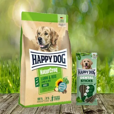 Produktbild von Happy Dog Premium NaturCroq Lamm und Reis 15 kg + Happy Dog Dental Sticks *geschenkt*