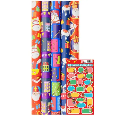 Image de Papier cadeau Sinterklaas - Papier cadeau sans plastique - 5 mètres x 70 cm - 3 rouleaux avec étiquettes
